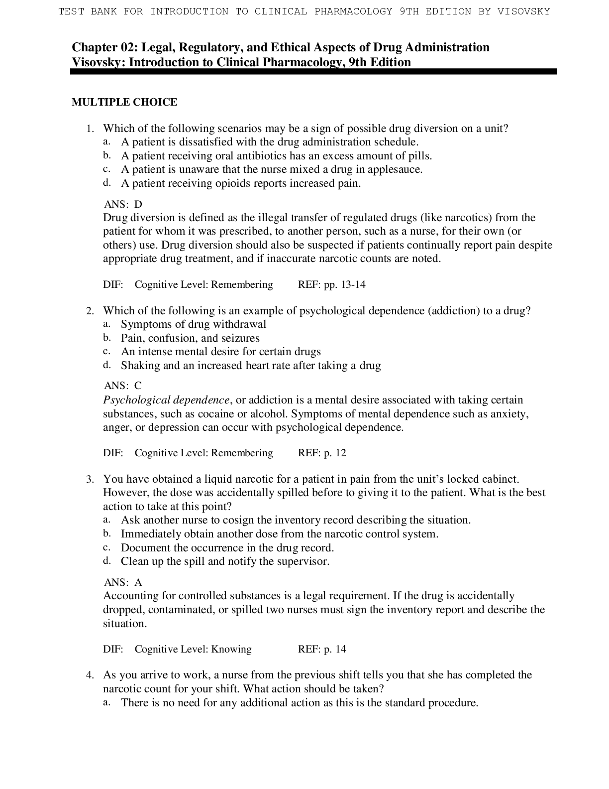 Preview image for TEST BANK FOR INTRODUCTION TO CLINICAL PHARMACOLOGY 9TH EDITION BY VISOVSKY.............................                                                                                      Chapter 02: Legal, Regulatory, and Ethical Aspects of Drug Administration